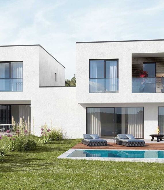 Visualisierung zeigt Außenansicht der Doppelhaushälfte mit Garten und Pool.